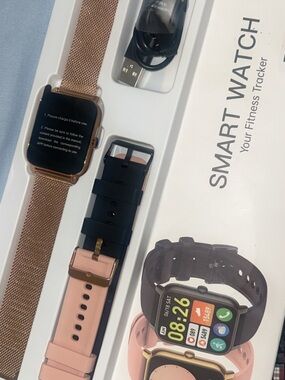Smart Watch Fitness Tracker - Rose Gold with Pink and Black Bands
